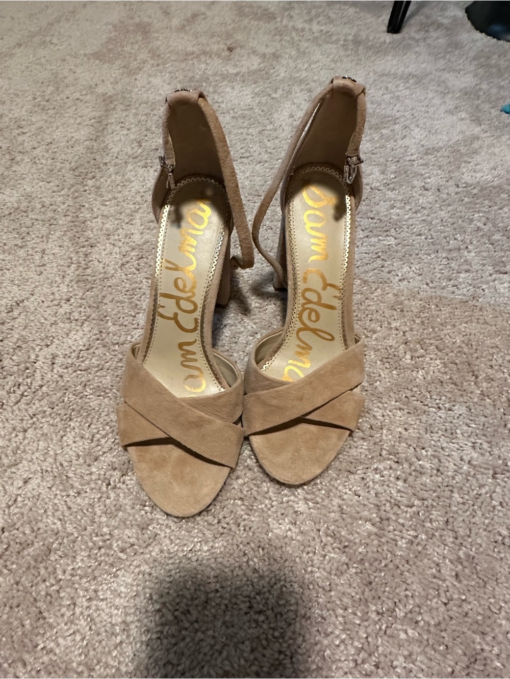 Sam Edelman Tan Suede Ankle-Strap Block Heels